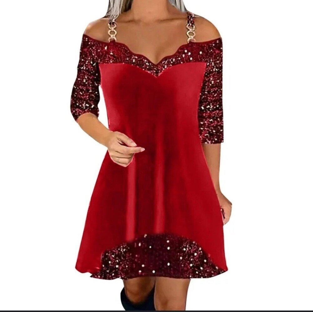 Women's Size L Red Velvet Sequined Party Dress